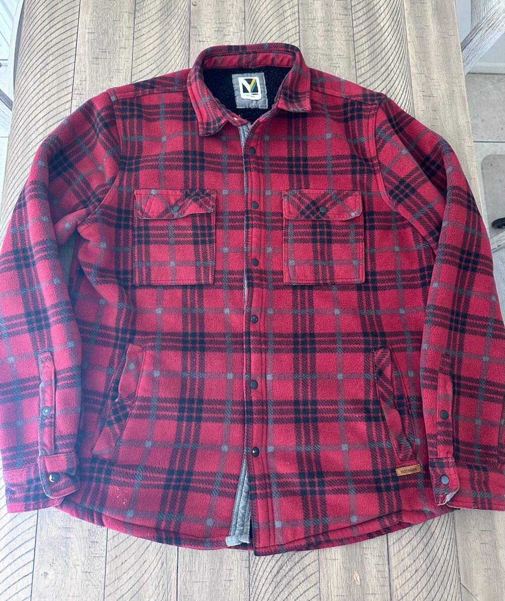 Voyager Mens Red Plaid Fleece Lined Long Sleeve Button Up Shirt Jacket Medium M
